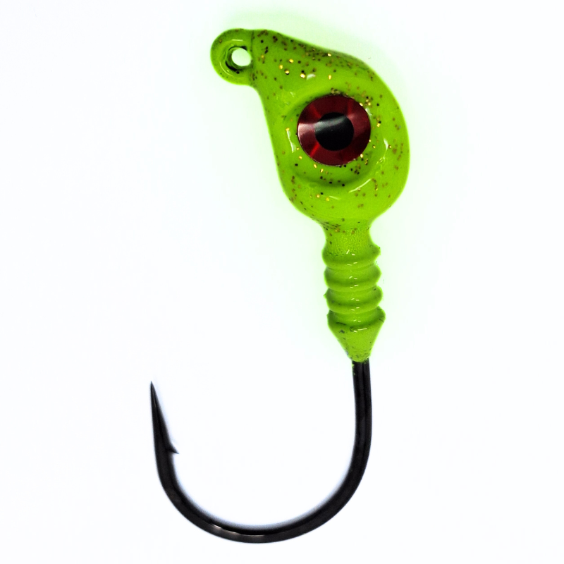 Fishing lure with a green body and red eye on a white background